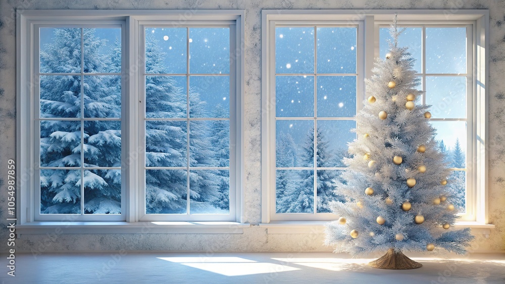 White Christmas tree by window with snow outside White Christmas tree by window with snow outside