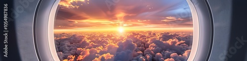 Airplane window view with a round white frame, sunset sky, vibrant colors, clouds softly lit in the background, serene atmosphere.