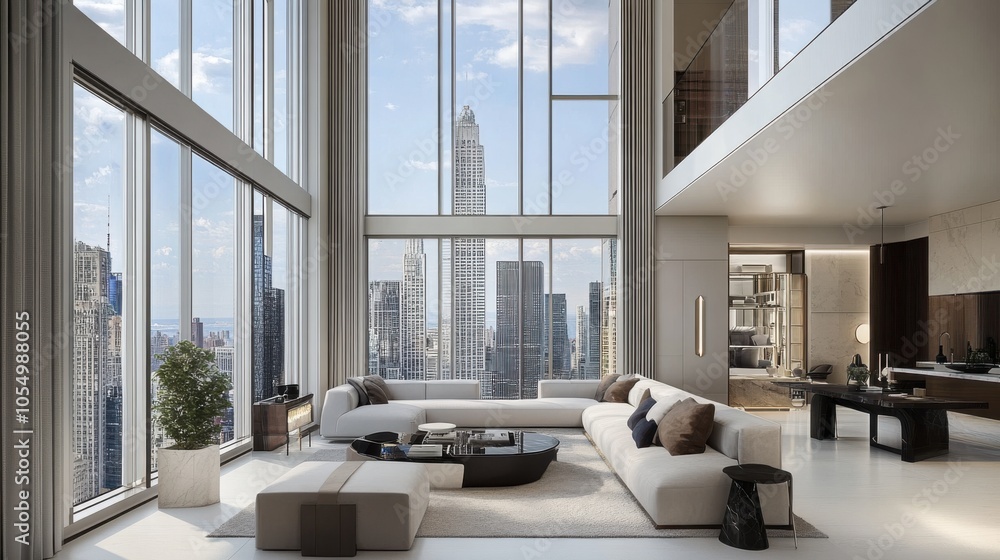 Elegant living space with high ceilings, large windows that frame the city's skyscrapers, luxury Elegant living space with high ceilings, large windows that frame the city's skyscrapers, luxury