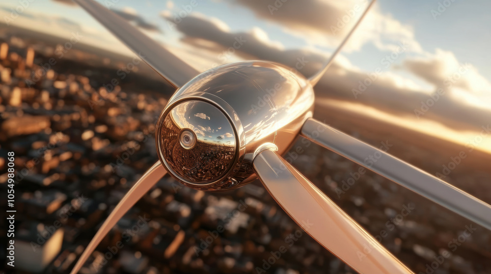Close up of drone taxi propeller showcasing sleek design and advanced technology, set against stunning sunset cityscape. image captures innovation and modern transportation Close up of drone taxi propeller showcasing sleek design and advanced technology, set against stunning sunset cityscape. image captures innovation and modern transportation