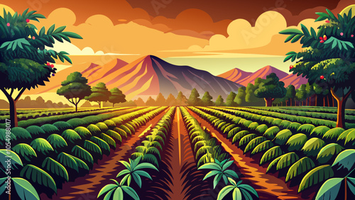 coffee plantation at dawn, rows of coffee plants with dew