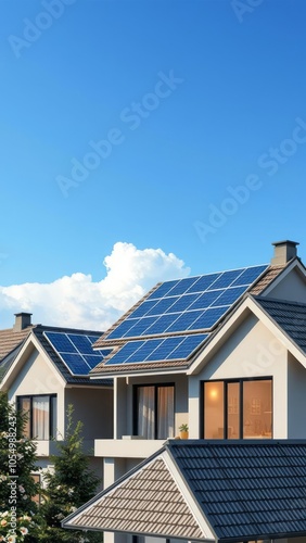 Modern houses with solar panels on the roof for alternative ener solar panel Ultra realistic Photorealistic 