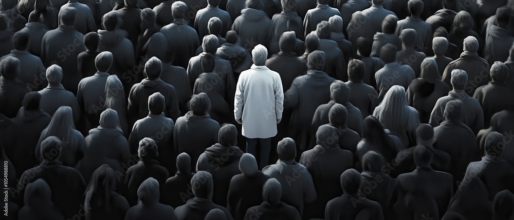 Obraz premium A lone figure in white stands among a crowd of dark silhouettes, symbolizing individuality amidst conformity.