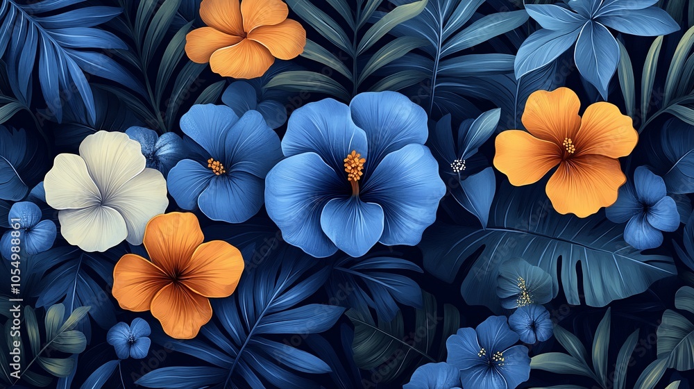 A vibrant floral pattern featuring hibiscus flowers and tropical leaves in rich colors. A vibrant floral pattern featuring hibiscus flowers and tropical leaves in rich colors.