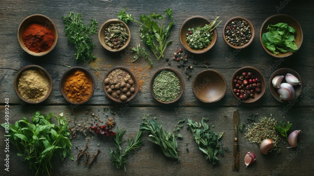 Flat lay of various herbs and spices spread out on a rustic wooden background, showcasing Flat lay of various herbs and spices spread out on a rustic wooden background, showcasing