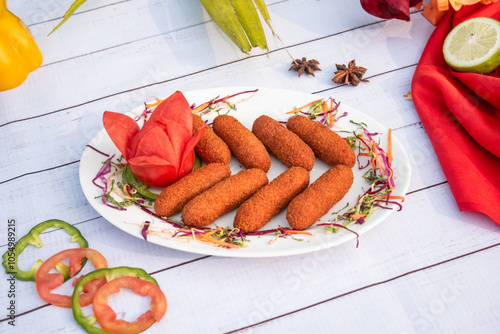 finger fish with capsicum and tomato served in plate isolated on table side view bangladeshi food photo