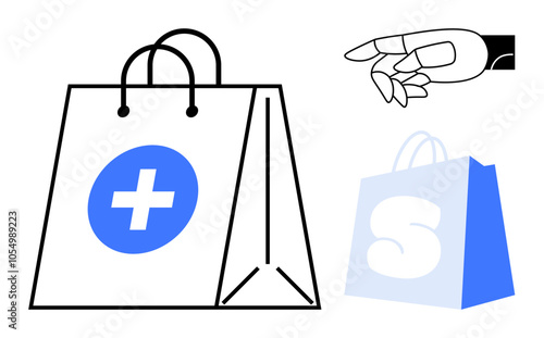 A medical-themed shopping bag with a cross symbol is shown alongside a robotic hand and another bag with an S. Ideal for healthcare, e-commerce, technology, robotics, digital healthcare, and online