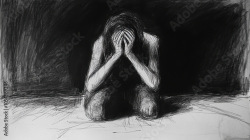 A melancholic figure sits with hands covering their face, reflecting deep emotions and vulnerability against a dark background.