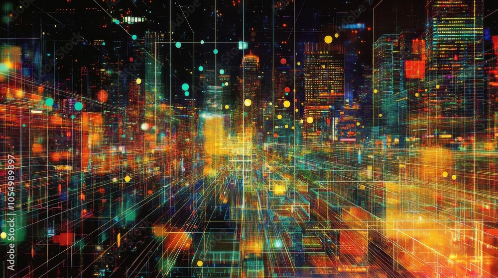Generative AI-inspired lines and dots weaving through a bustling urban landscape Generative AI-inspired lines and dots weaving through a bustling urban landscape