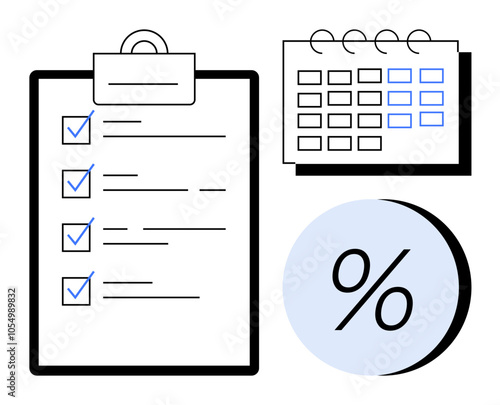 To-do list with checkmarks on clipboard, spiral-bound calendar with grid, and large percentage symbol. Ideal for task management, project planning, scheduling, goal setting, productivity tracking