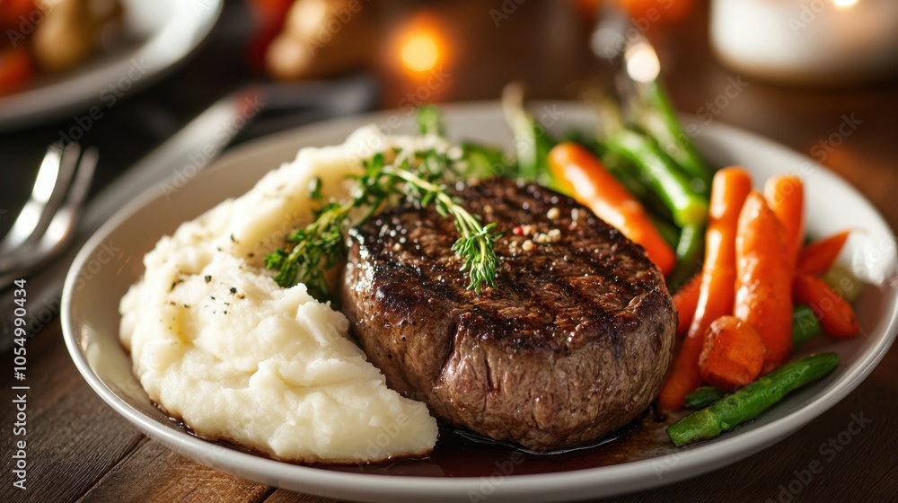 High-definition photo of a perfectly cooked steak accompanied by silky mashed potatoes High-definition photo of a perfectly cooked steak accompanied by silky mashed potatoes