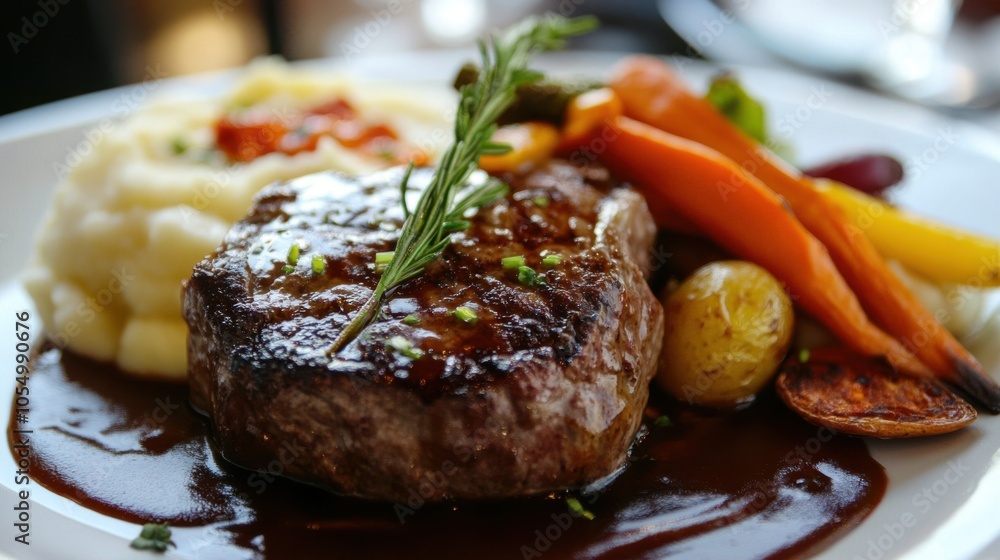 High-quality close-up of a juicy steak with creamy mashed potatoes and roasted High-quality close-up of a juicy steak with creamy mashed potatoes and roasted