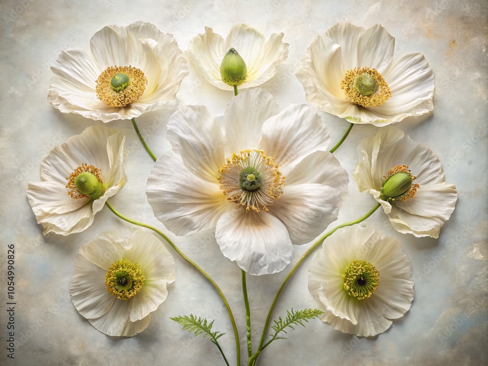 Obraz premium Architectural Photography of Real Pressed White Poppy Flowers Petal Plant Inflorescence, Captivating Natural Beauty, Elegant Floral Arrangement, Unique Botanical Art, Minimalist Style