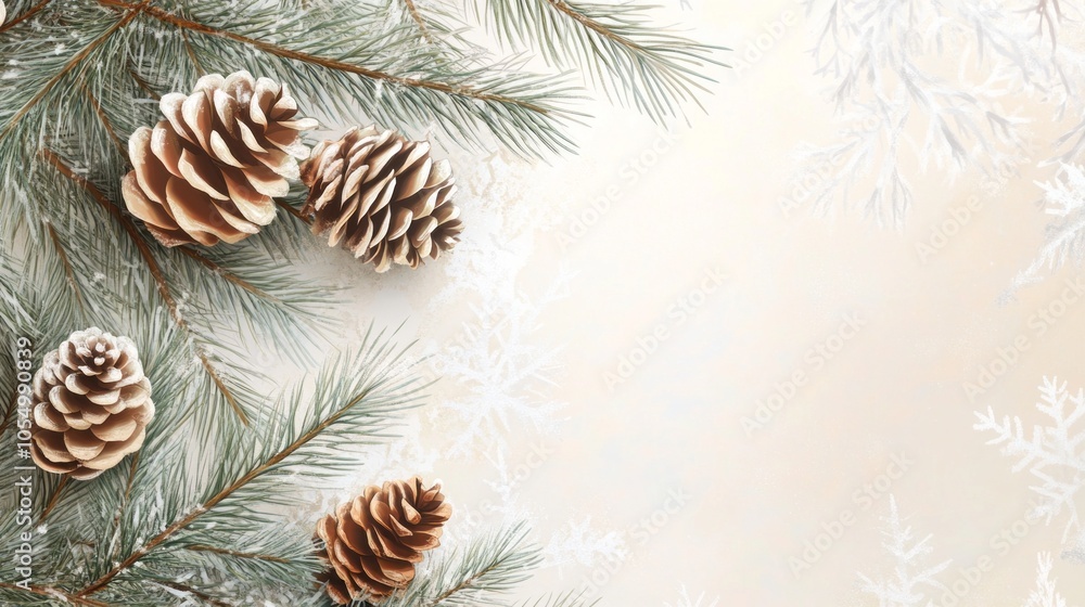 A white background with pine cones and snow A white background with pine cones and snow