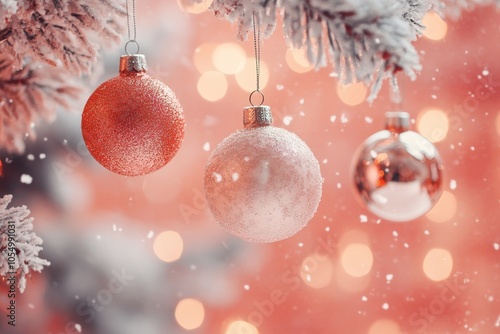 Beautiful christmas ornaments hanging gracefully against a snowy coral colored background photo