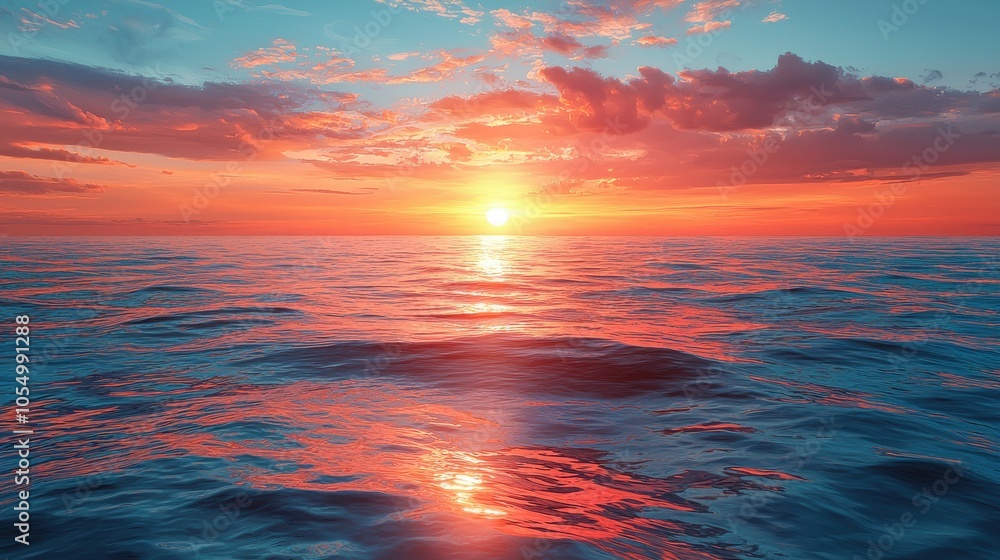 Vibrant sunset over tranquil ocean waters with colorful clouds reflecting on the surface, creating a serene coastal atmosphere Vibrant sunset over tranquil ocean waters with colorful clouds reflecting on the surface, creating a serene coastal atmosphere