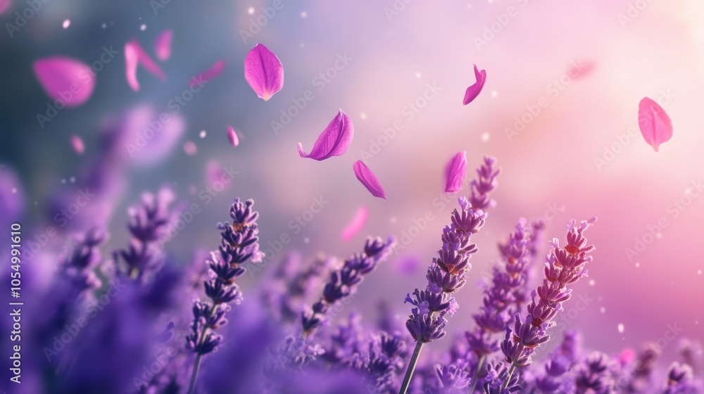 Lavender petals drifting through the air in a tranquil spring meadow Lavender petals drifting through the air in a tranquil spring meadow
