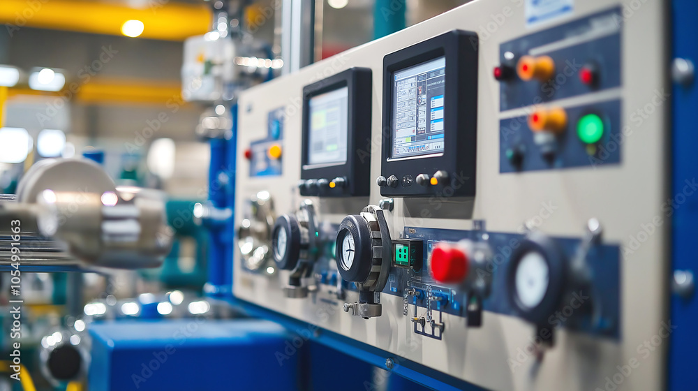 High-tech industrial control panel with digital displays in a modern factory High-tech industrial control panel with digital displays in a modern factory
