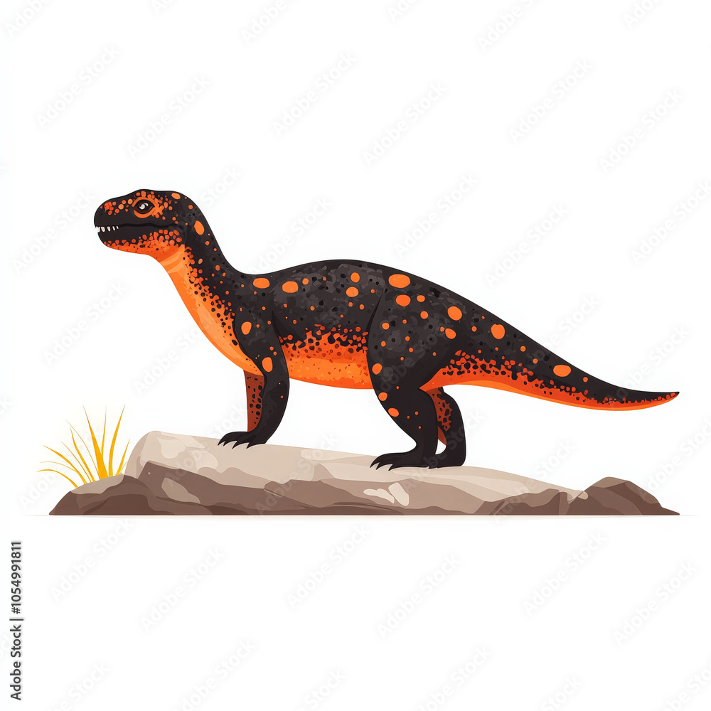 modern illustration of Psittacosaurus dinosaur with vibrant colors, standing on rock. design features orange and black spots, showcasing its unique appearance modern illustration of Psittacosaurus dinosaur with vibrant colors, standing on rock. design features orange and black spots, showcasing its unique appearance