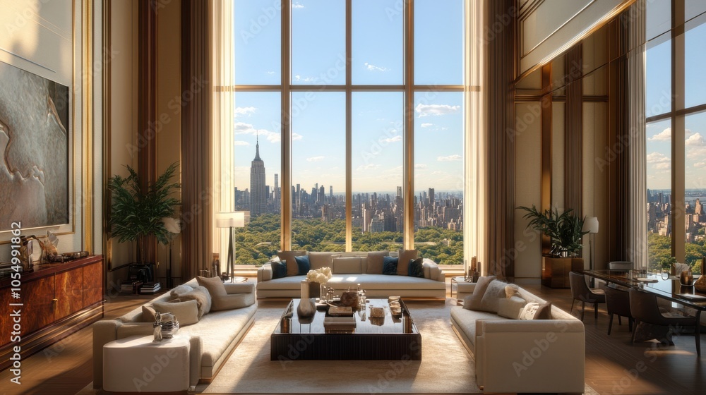Luxurious living room with high ceilings, large windows offering a panoramic view of the city Luxurious living room with high ceilings, large windows offering a panoramic view of the city