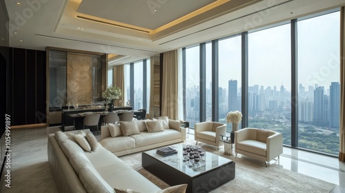 Luxurious living room with high ceilings, large windows offering a panoramic view of the city