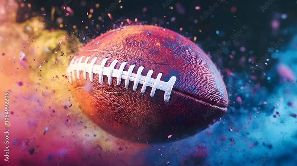 The ball is speeding of american football with colorful dust effect The ball is speeding of american football with colorful dust effect