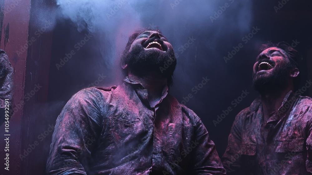 A group of friends laughing and covered in Holi colors, with realistic details of powder on their clothes and faces. A group of friends laughing and covered in Holi colors, with realistic details of powder on their clothes and faces.