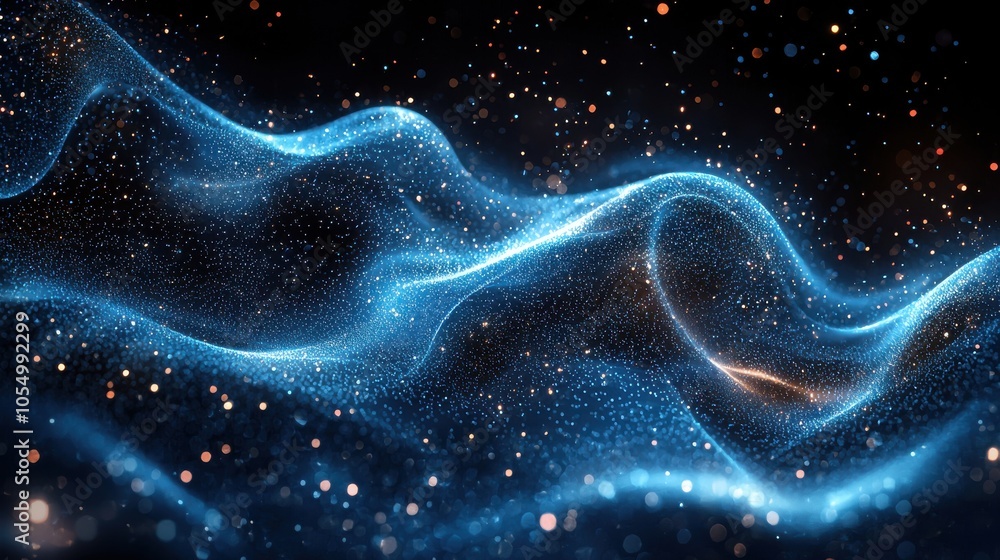 Mystical blue and silver wave pattern with shimmering particles in a dark space background Mystical blue and silver wave pattern with shimmering particles in a dark space background