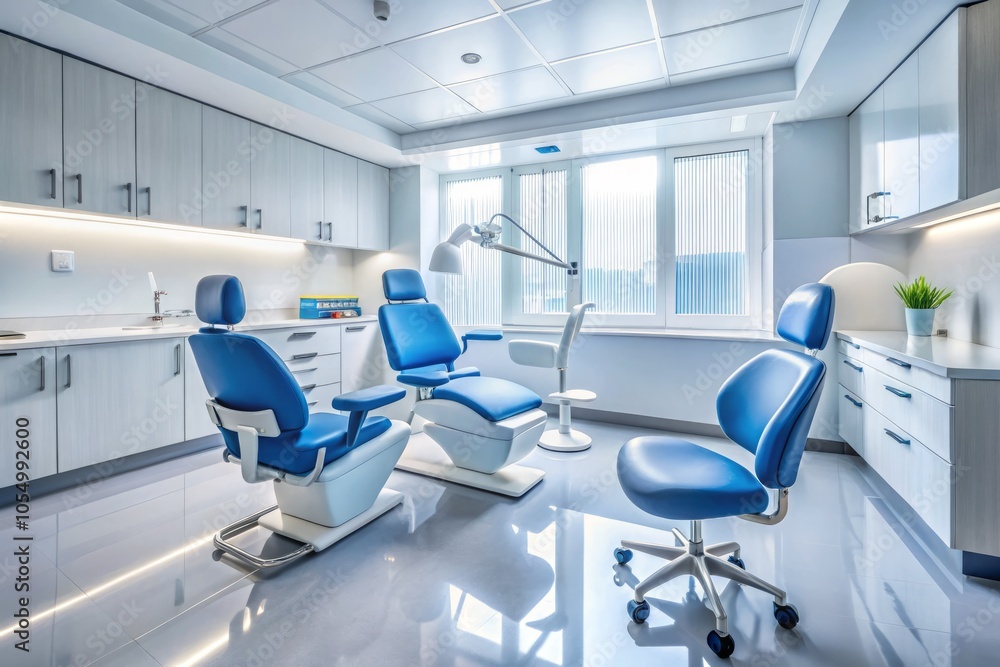 A sleek, modern dental office featuring pristine blue chairs, creating a welcoming environment that invites patients into a serene and comfortable atmosphere. A sleek, modern dental office featuring pristine blue chairs, creating a welcoming environment that invites patients into a serene and comfortable atmosphere.