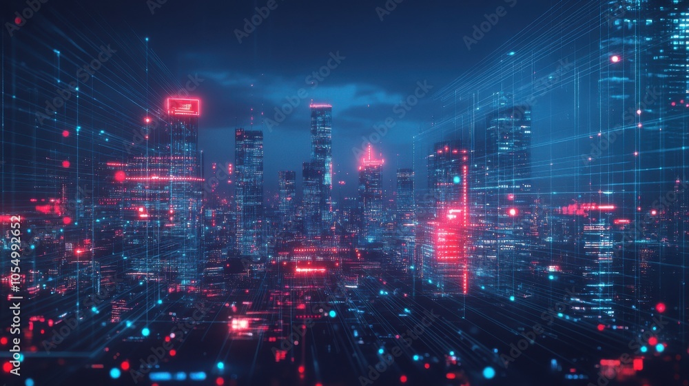 Fototapeta premium Modern cityscape with a technological overlay of lines and dots, illuminated at night