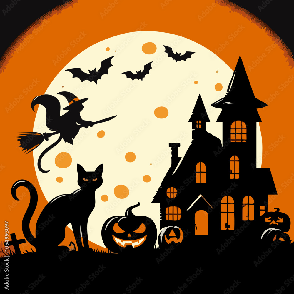 Black Cat Halloween Logo with Pumpkin and Spooky Background Black Cat Halloween Logo with Pumpkin and Spooky Background