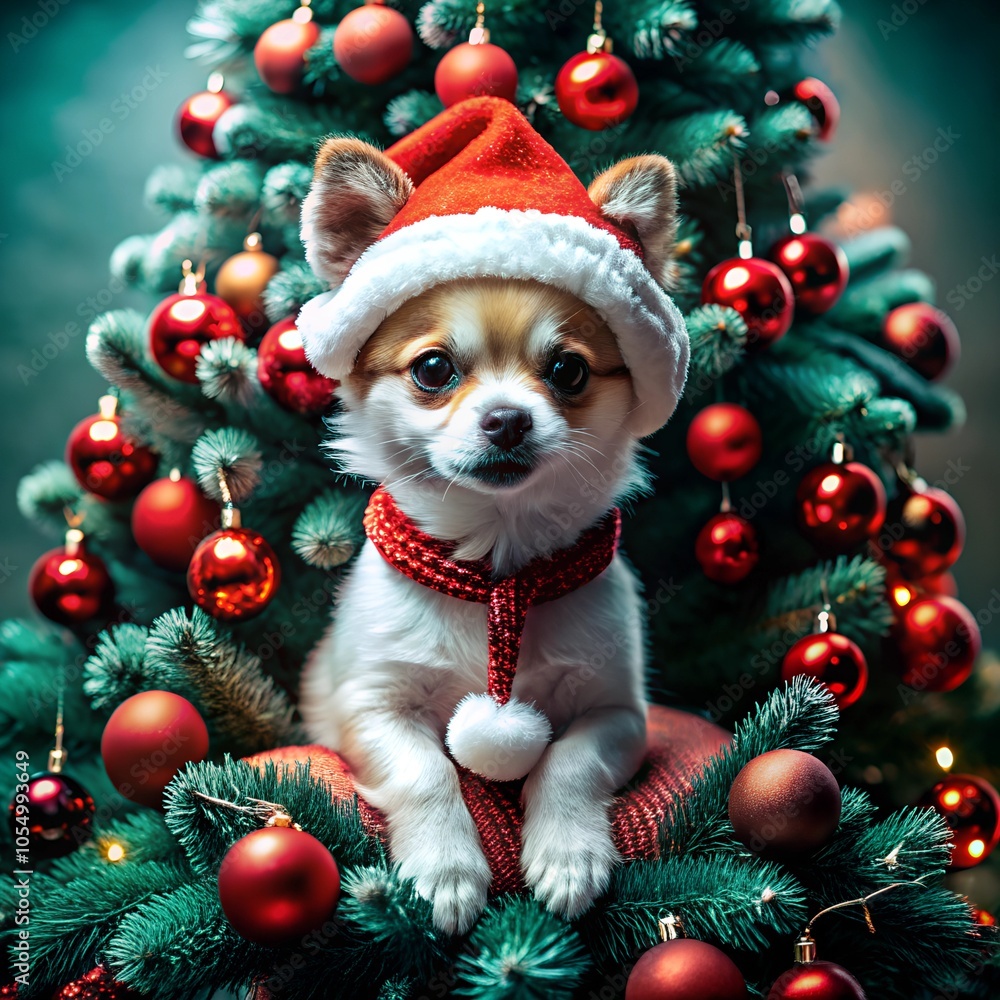 Pet Chihuahua dog in Santa hat. Christmas template with glamor portrait animal on festive decorations background. Merry Christmas and Happy New Year greeting card. Seasonal winter holiday collection. Pet Chihuahua dog in Santa hat. Christmas template with glamor portrait animal on festive decorations background. Merry Christmas and Happy New Year greeting card. Seasonal winter holiday collection.