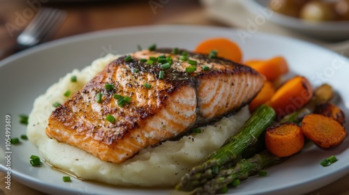 Pan-seared salmon fillet with chive-infused mashed potatoes and a side of roasted