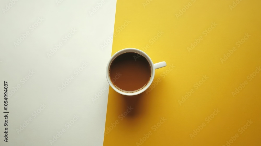 A top-down view of a coffee cup on a split background of white and yellow. A top-down view of a coffee cup on a split background of white and yellow.