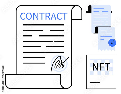 Digital scroll labeled Contract with signature, alongside an agreement featuring a checkmark and an NFT document. Ideal for digital agreements, blockchain technology, authenticity, legal documents