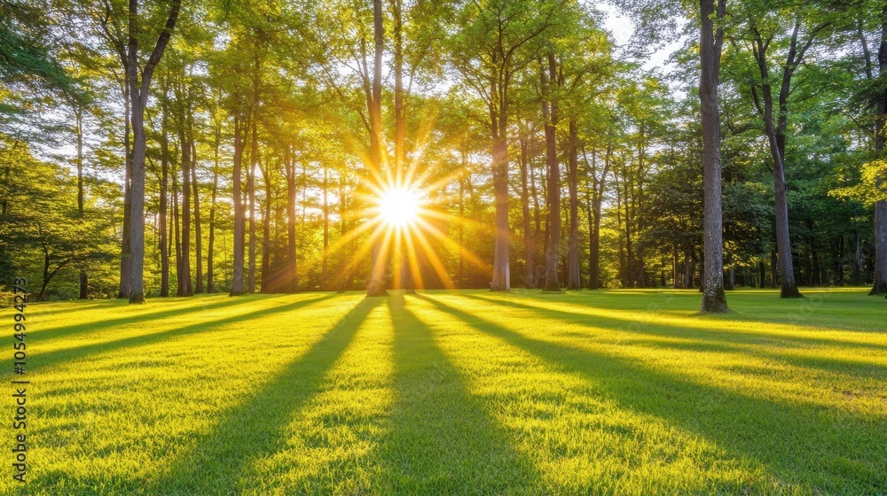 Obraz premium A lush forest with sunlight peeking through the branches, leaving an inviting open space for text in the foreground.