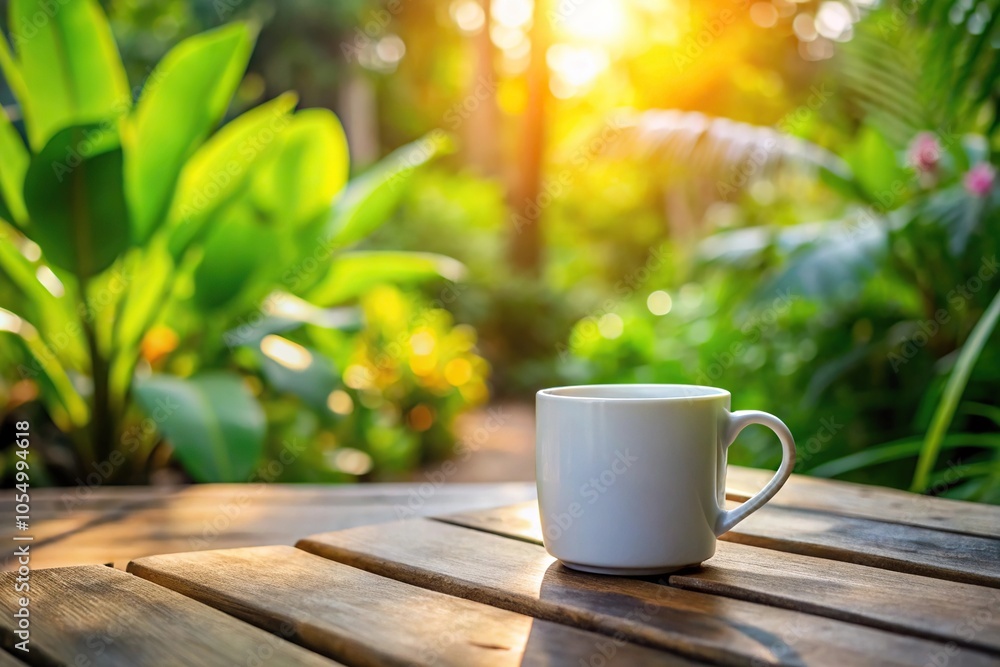 White coffee mug on wooden table in a tropical garden setting with morning light and shallow depth of field. White coffee mug on wooden table in a tropical garden setting with morning light and shallow depth of field.