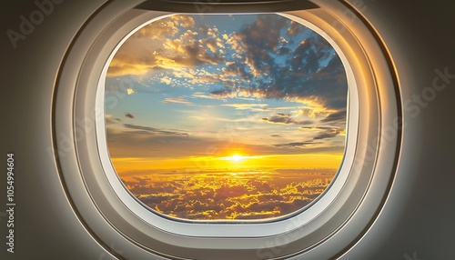 Airplane window, white round frame, sunset sky with clouds, colors of yellow, orange, and blue, gentle light, beautiful view.