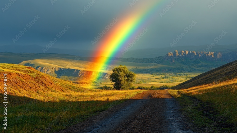 A Rainbow Arcs Over a Winding Dirt Road in a Mountain Valley A Rainbow Arcs Over a Winding Dirt Road in a Mountain Valley