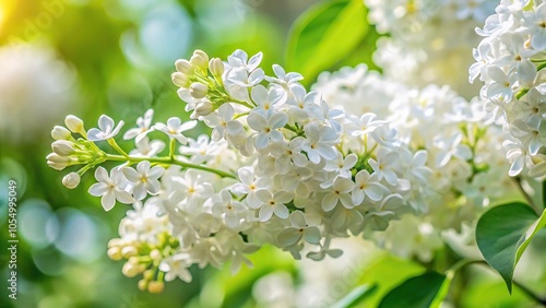 White common lilac flowers blooming in a garden during spring