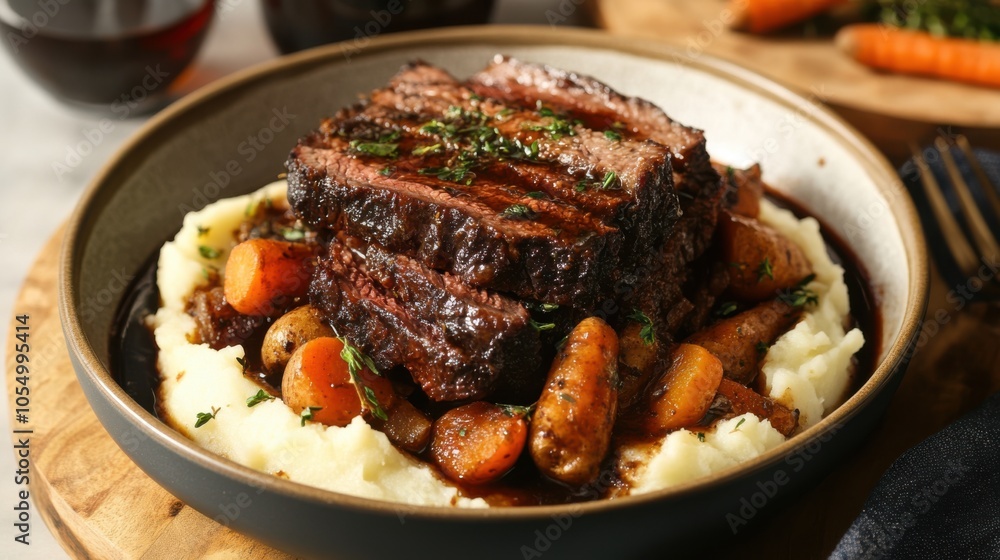 Slow-cooked beef brisket served with mashed potatoes and balsamic-roasted root vegetables Slow-cooked beef brisket served with mashed potatoes and balsamic-roasted root vegetables