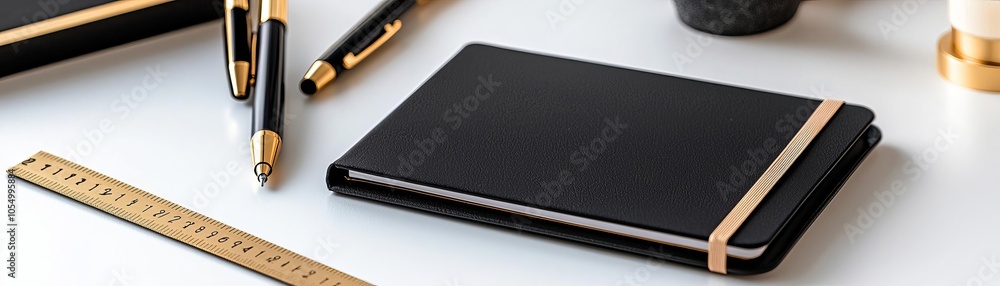 Luxury office supplies in black and gold neatly displayed on a white desk, including pens, rulers, and a notebook, emphasizing elegance and style Luxury office supplies in black and gold neatly displayed on a white desk, including pens, rulers, and a notebook, emphasizing elegance and style