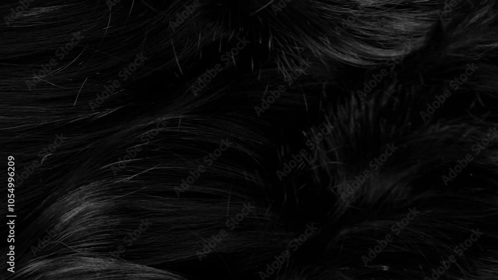 Closeup female long hair texture in slow motion, black curly hair background Closeup female long hair texture in slow motion, black curly hair background