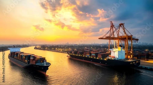Cargo ships docked at a vibrant sunset port, showcasing maritime industry.