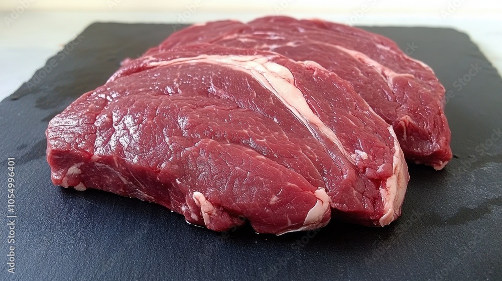 A marbled beef ribeye steak, raw and ready for grilling, placed on a slate board with detailed fat and lean meat portions. A marbled beef ribeye steak, raw and ready for grilling, placed on a slate board with detailed fat and lean meat portions.