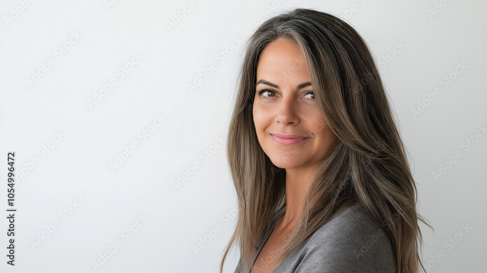 Portrait of an elegant senior woman with flowing gray hair, smiling warmly in soft, natural light, embodying timeless beauty and confidence against a simple background Portrait of an elegant senior woman with flowing gray hair, smiling warmly in soft, natural light, embodying timeless beauty and confidence against a simple background