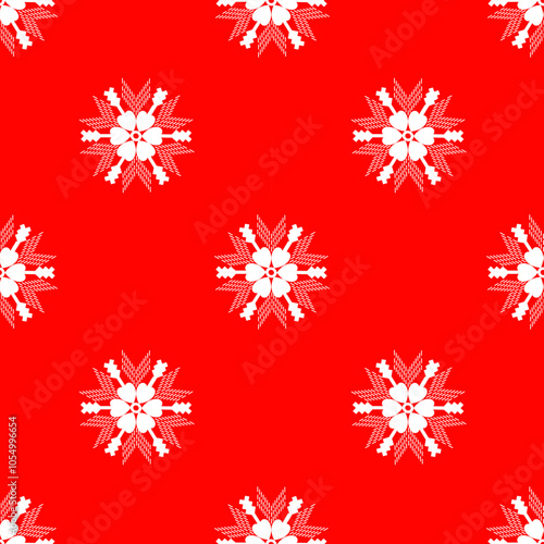 Seamless geometric embroidery pattern. Ethnic pattern. Red background illustration. Christmas, gift wrapping paper. Scarf, Vector.