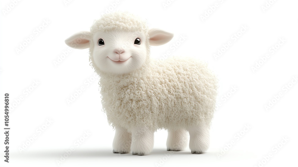 Naklejka premium Cute fluffy sheep standing, white isolate background.