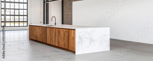 Modern kitchen interior featuring a sleek island with a wooden base and a marble top, minimalist design in a spacious, bright room.
