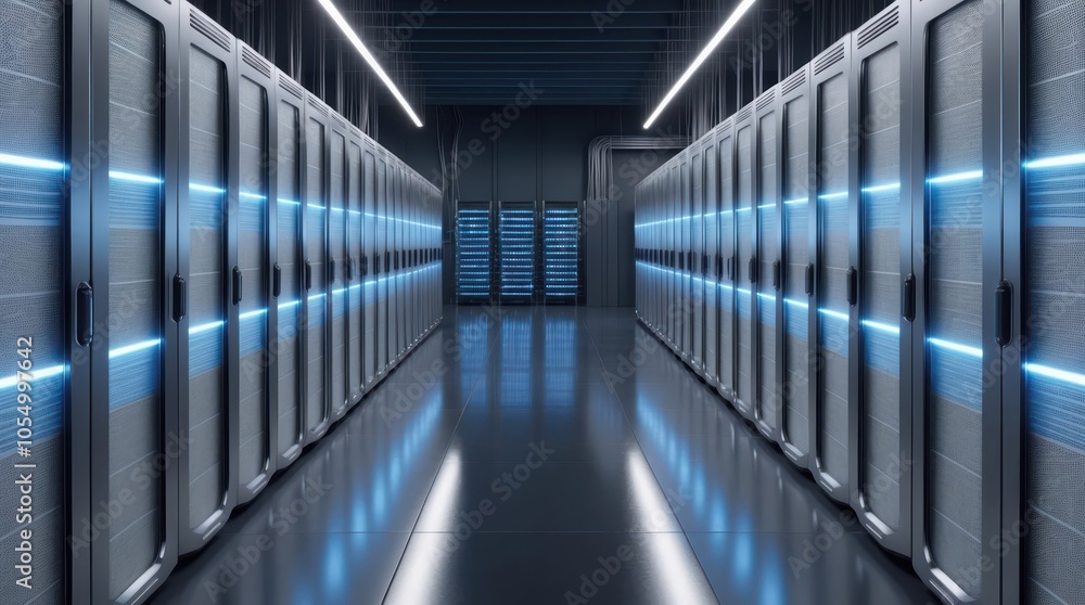 Modern and secured data servers with glowing blue lights Modern and secured data servers with glowing blue lights